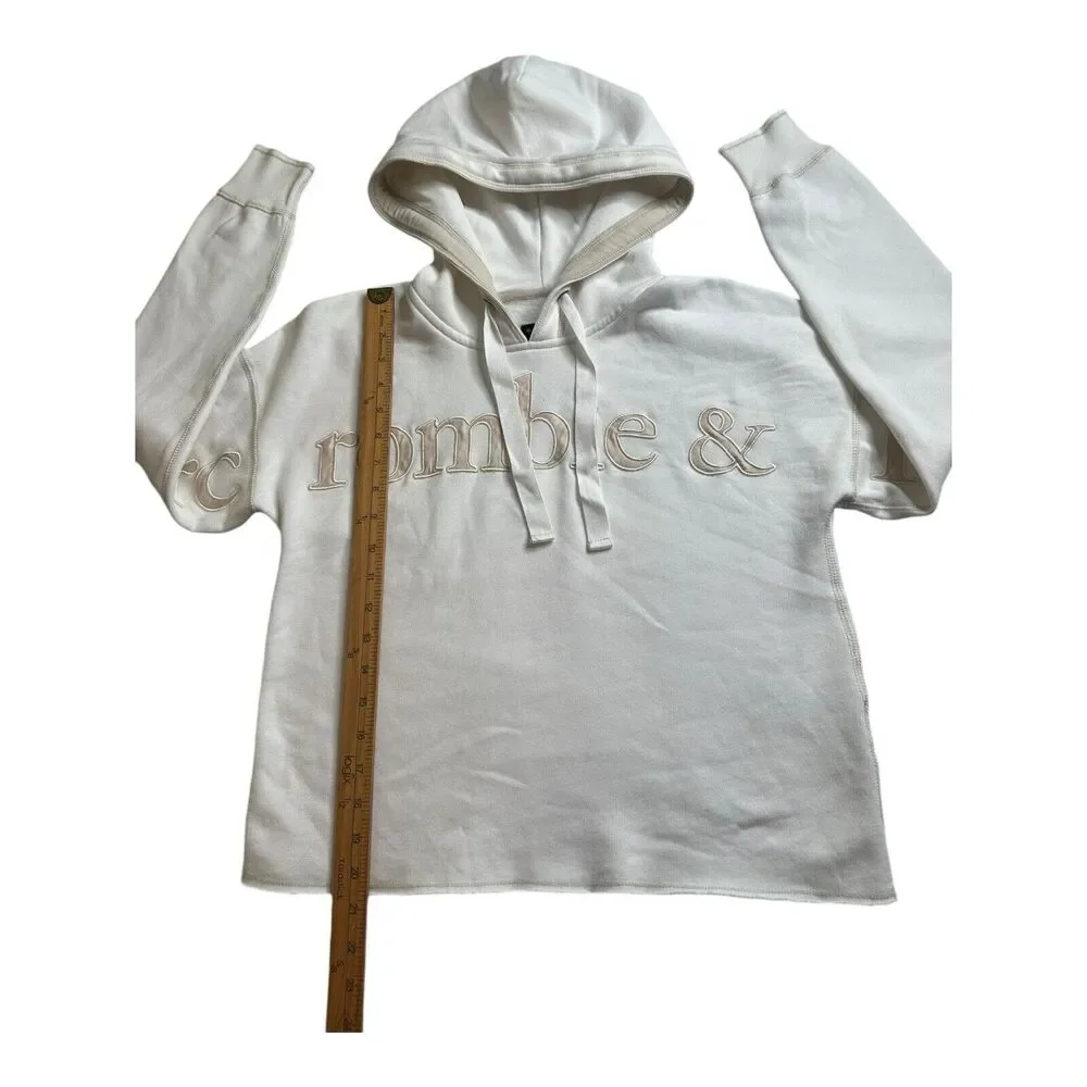 Abercrombie and Fitch Cream Cropped Hoodie XS Embroidered‎ Logo Pullover